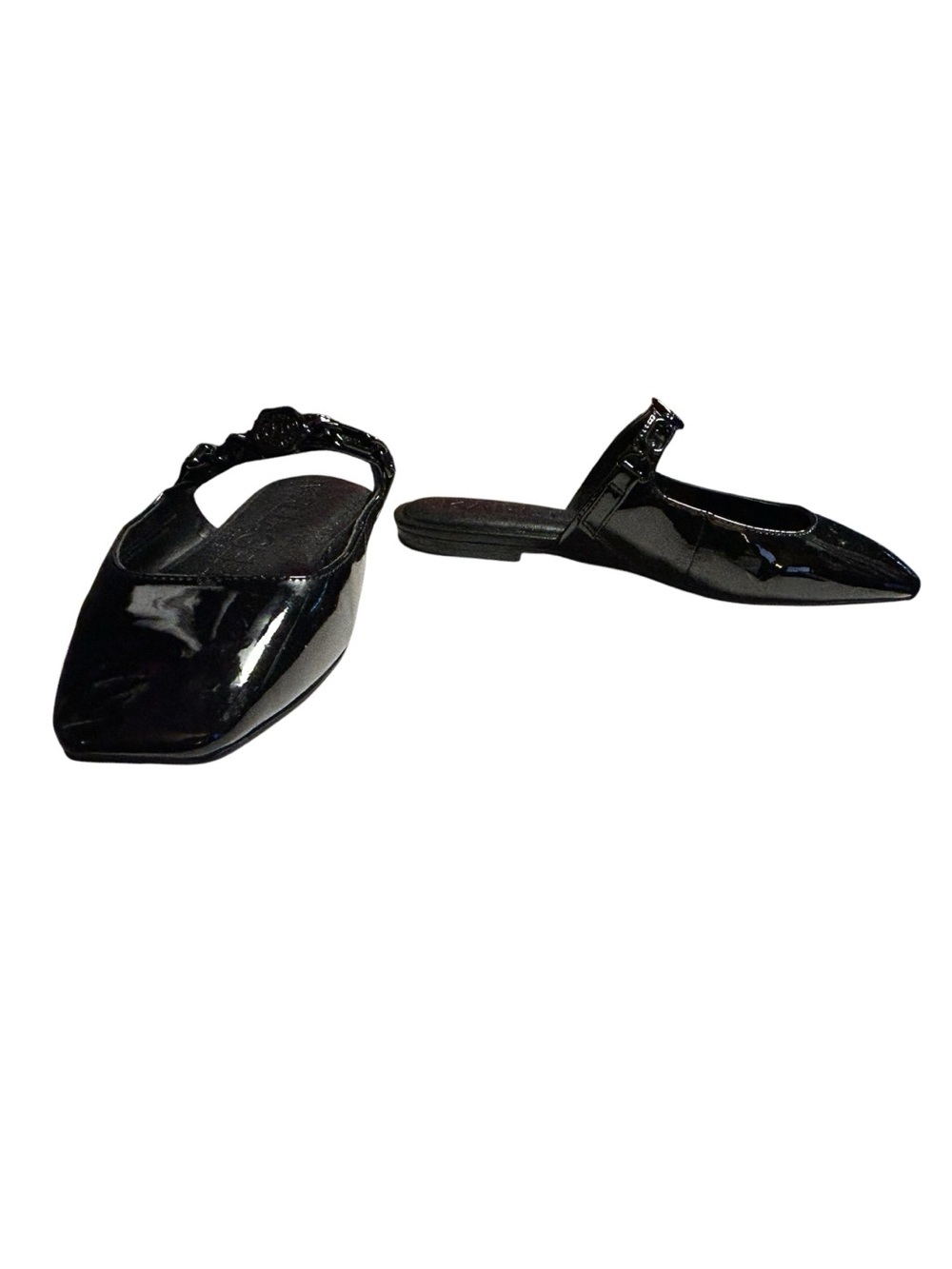 Karl Lagerfeld Paris Zilla Square Toe Mule Flats Black Patent Chain Logo Size 7